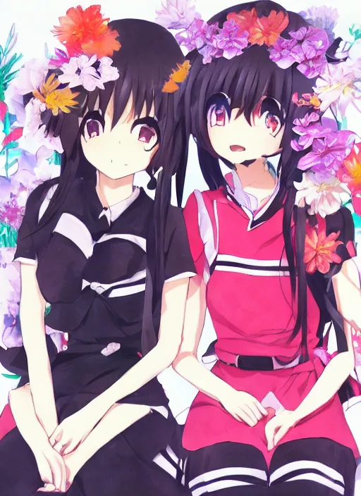 Image similar to two anime girls sitting next to each other, a detailed drawing by pu hua, trending on pixiv, synchromism, official art, made of flowers, anime aesthetic