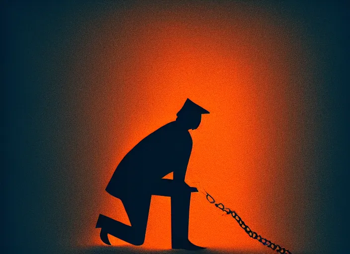 Image similar to Trump handcuffed, in prison, striped outfit, fire, Mads Berg, Karolis Strautniekas,stippled light, dramatic lighting,fine texutre, editorial illustration,matte print, film noir, dark blue+dark orange+orange+beige+black+white,dynamic composition,moody