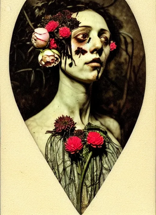 Image similar to beautiful and detailed rotten woman made of plants and many types of stylized flowers like carnation, chrysanthemum, roses and tulips, intricate, john constable, guy denning, gustave courbet, caravaggio, romero ressendi 1 9 1 0 polaroid photo