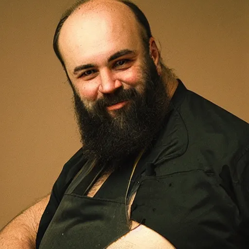 Prompt: photograph of a heavyset middle aged balding French man with a beard, a hairy chest and a pot belly wearing an apron