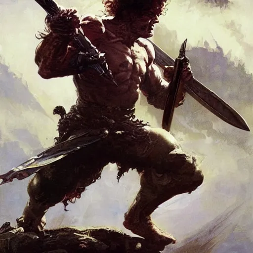 Image similar to Steve Brule running into battle holding a sword, by Frank Frazetta, Greg Rutkowski, Boris Vallejo, epic fantasy character art, Exquisite detail, elven armor, post-processing, low angle, masterpiece, cinematic