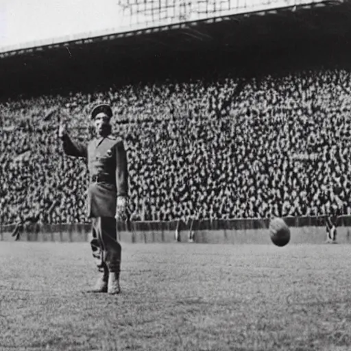 Image similar to stalin stands at the gate on the football field and catches the ball, photo of stalin at the stadium