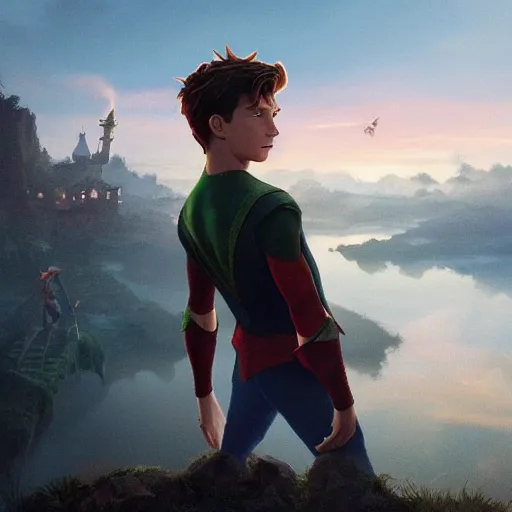 Image similar to Tom Holland as peter pan,looking over the horizon,river in front of him,detailed, 8k hd,by rossdraws and greg rutkowski,in the style of a Instagram profile picture