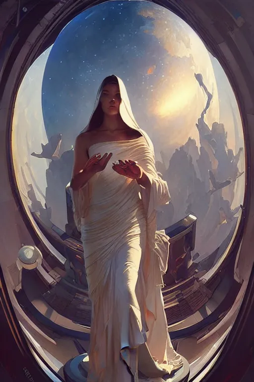 Image similar to space, temple, buddhism, futurism, painting by greg rutkowski, j. c. leyendecker, artgerm