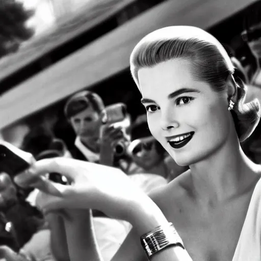 Image similar to selfie smartphone photo of a young Grace Kelly at the Monaco Gran Prix, F1 cars blurred in background, iphone photo, smartphone resolution, trending on instagram, influencer photography