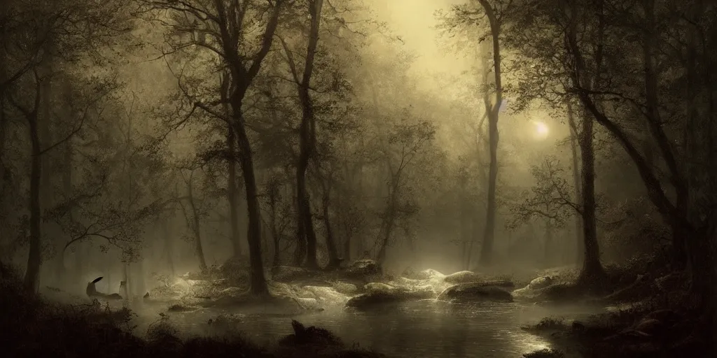 Image similar to [ a dark scene of a dense forest at night with a gentle stream through it, moonlight through trees, volumetric light and mist, fog, deer drinking from the stream ], andreas achenbach, artgerm, mikko lagerstedt, zack snyder, tokujin yoshioka