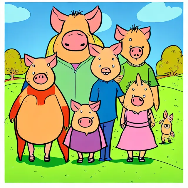 Image similar to children's book cover illustration for the boarenstain boars, cartoon boar family wearing clothing, in the style of stan and jan berenstain.