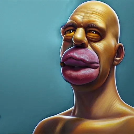 Image similar to beautiful realistic portrait of homer simpson, yellow skin by artgerm, leonardo di vinci