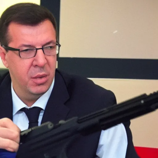 Image similar to image of aleksandar vucic using a gun