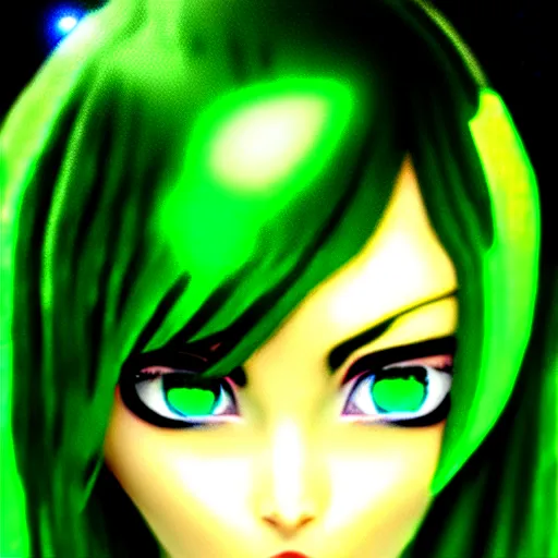 Image similar to a woman with dark green hair and glowing green eyes, anime, artstation, trending on artstation, high quality