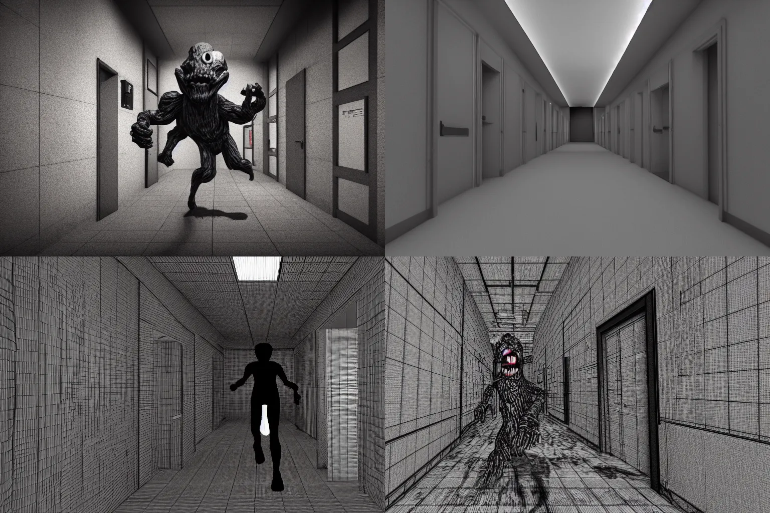 Prompt: monster running down the halls, design by junji ito, 3d render, dark lighting, dynamic perspective