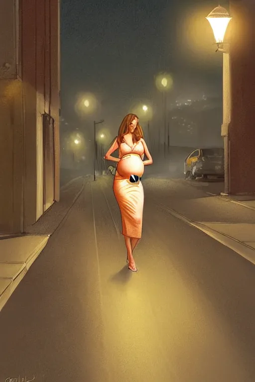 Image similar to pregnant woman under street light, highly detailed, sharp focused, ultra realistic digital concept art by Garth Laidlaw