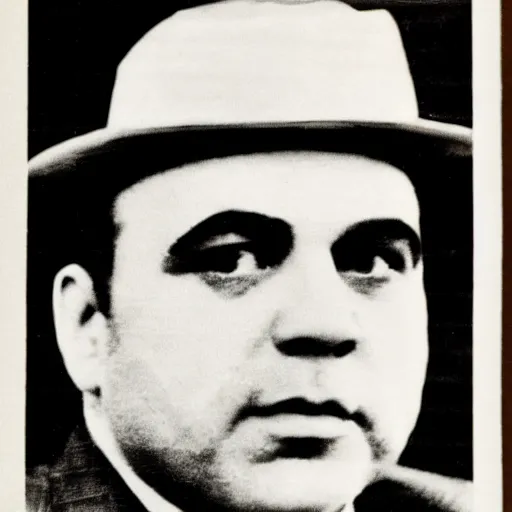 Prompt: an old mugshot of Al Capone, he is wearing a white tuxedo with a bowtie, he is smirking