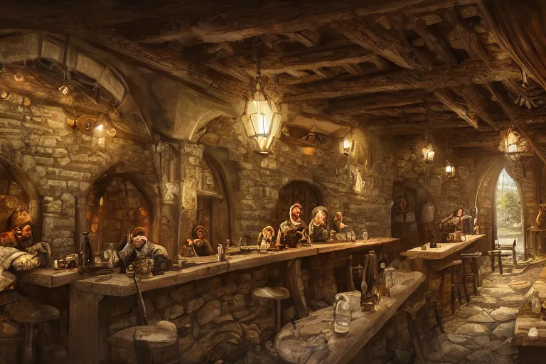 Prompt: A medieval tavern, texture, intricate, details, highly detailed, masterpiece, architecture, building, trending on artstation, focus, sharp focus, concept art, digital painting, fantasy, sunny, day, midday