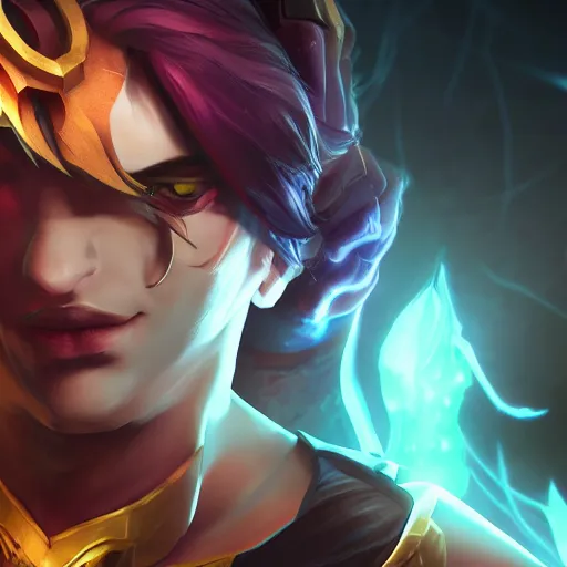 Prompt: league of legends character shows his powers, close up, cinematic light, dark room, detailed, photo, 8K