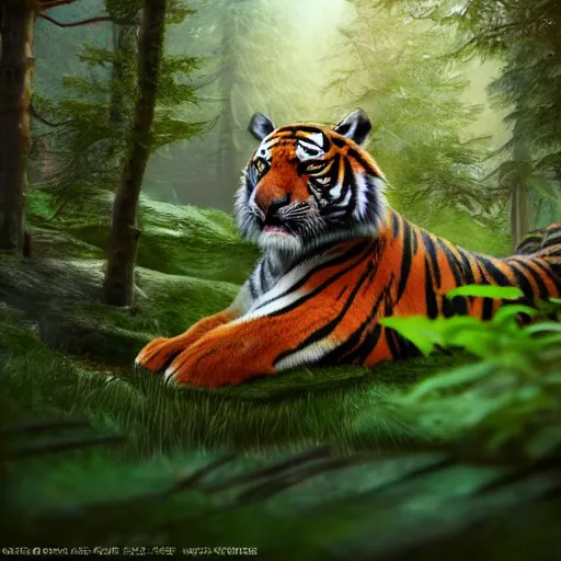 Image similar to fantasy tiger in a forest, landscape, highly detailed, sharp focus, octane render, illustration, 8k, trending on Artstation