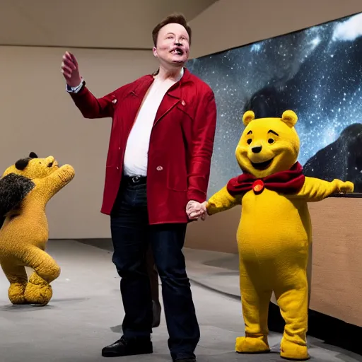 Image similar to elon musk cosplaying as winnie the pooh, elon musk wearing winnie the pooh costume