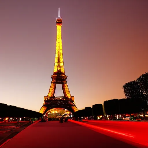 Prompt: night photo of the eiffel tower illuminated in red and yellow