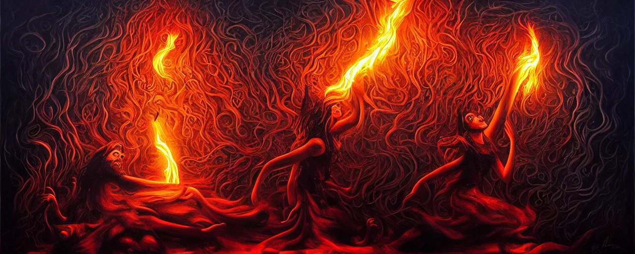 Image similar to wild emotion and thought creatures repressed in the depths unconscious of the psyche lead by baba yaga, about to rip through and escape in a extraordinary revolution, dramatic fire glow lighting, surreal painting by ronny khalil