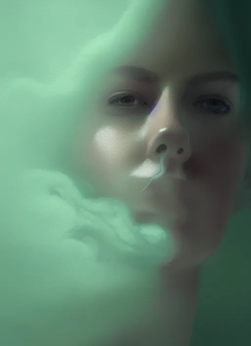 Prompt: an ethereal, misty portrait of a woman whose face is accented with neon - toned glowing eyeliner. the makeup floats off her face and joins swirling clouds of smoke and fog, becoming an aurora. muted tones. surreal portrait, cinematic lighting, 8 k, smooth, sharp focus, digital painting, rendered in octane, painted by tom bagshaw, artgerm