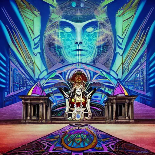 Prompt: an AI temple of Spring, style blend of Burning Man, Neo-Andean architecture, cyberpunk, and The Vatican, depicted in a mixed style of Æon Flux, Möbius, neoclassical paintings, and Shepard Fairey, Extremely fine ink lineart