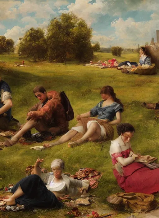 Prompt: collage paper, painting by sofia fiallos, people resting on the grass, by augustus edwin mulready, ultra detailed high resolution cinematic unreal 6