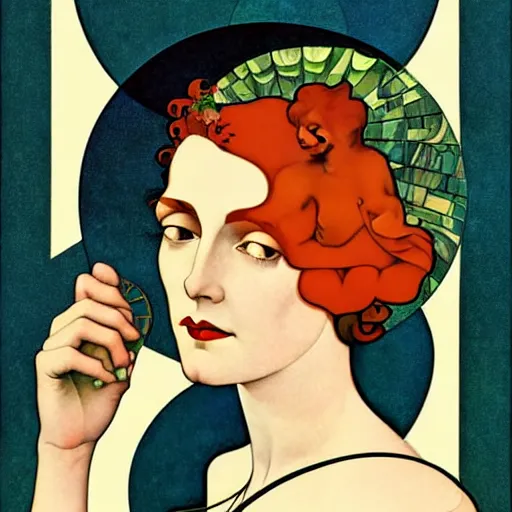 Image similar to Art in the style of Coles Phillips, Gaia, Full figured Mother Earth, portrait, Mucha, Kandinsky, risoprint