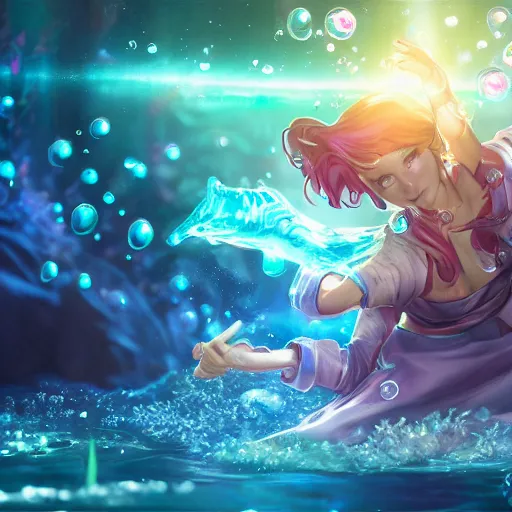 Image similar to female water mage, high quality character design, action pose : : spotlight, magical, seapunk, seaweed, bubbles, high detail, 1 6 k, oled, shadows, reflections, by rossdraws