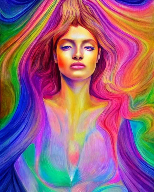 Image similar to realistic portrait of celestial being in silky clothes, psychedelic, light, glory, golden, delicate, hyper realism, ultra realistic, 8 k