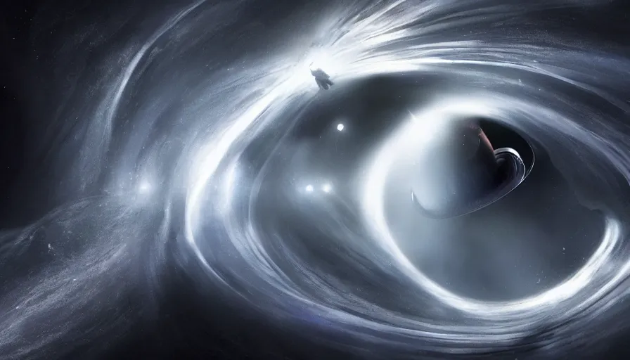 Image similar to an astronaut is falling inside a black hole and is bent into a vortex, volumetric lighting, interstellar, black hole light lensing, event horizon, digital art, wallpaper, 4 k