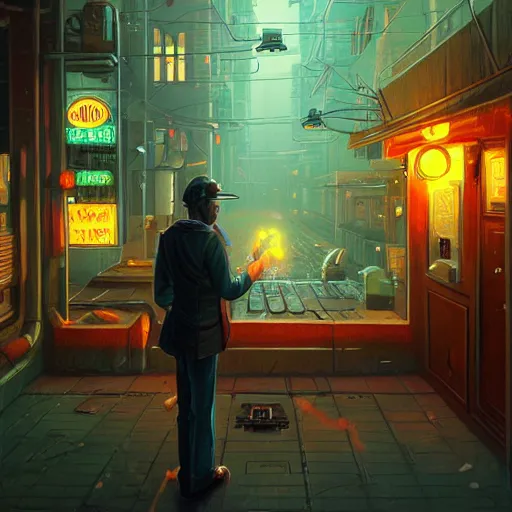 Prompt: An android smoking a cigar in a cyberpunk setting by Evgeny Lushpin, Trending on Artstation