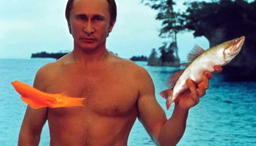 Image similar to 7 0 s movie still of putin in speedo, proudly holding a salmon, focus on eyes. cinestill 8 0 0 t _ 3 5 mm eastmancolor, heavy grain, high quality, high detail