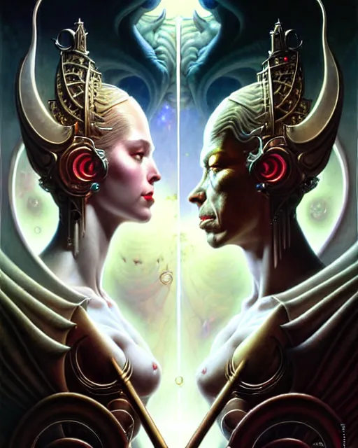 Image similar to beautiful gemini good and evil fantasy character portrait, ultra realistic, wide angle, intricate details, the fifth element artifacts, highly detailed by peter mohrbacher, hajime sorayama, wayne barlowe, boris vallejo, aaron horkey, gaston bussiere, craig mullins