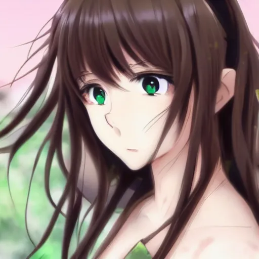 Prompt: key anime visual of a beautiful girl with brown hair and green eyes, trending on Pixiv; detailed
