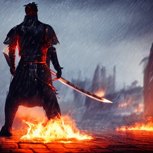 Image similar to The dark paladin with a heated sword in his hand and a burning flame with a sword in the rain. cinematic shot from back, realistic, 4K,