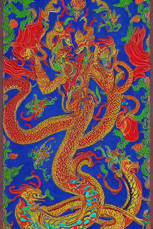 Prompt: naga art, mythical serpent southeast asian legends, thai traditional painting, royal thai art, guardian at the temple, garuda eagle, thai folklore, buddhist painting, thai dragon paintings by Chalermchai Kositpipat