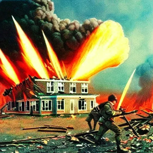 Image similar to color photo from the 80s, the shelling of a house in New York by Soviet soldiers, epic style, a bunch of explosions, realistic style