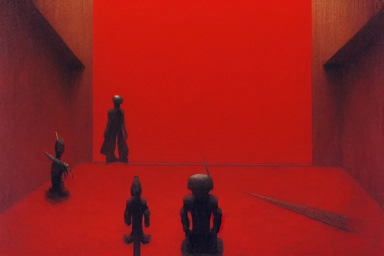 Image similar to only with red, a red samurai, tokio in background, some evil yokai, in the style of beksinski, parts by edward hopper, parts by rodcenko, parts by yue minjun, intricate and epic composition, red by caravaggio, insanely quality, highly detailed, masterpiece, red light, artstation, 4 k