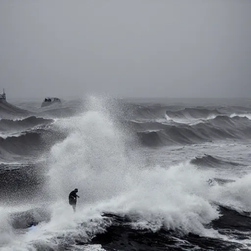 Prompt: the last man is standing hip deep in wild ocean waves