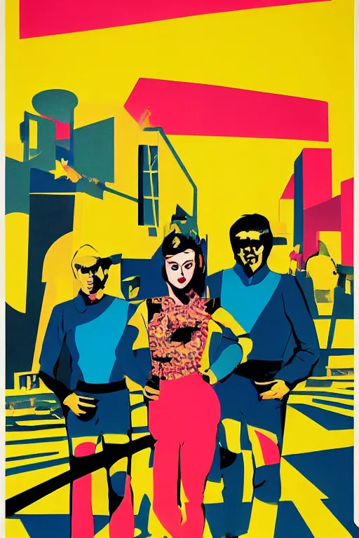 Image similar to lowbrow pop art recruitment poster for a band called the new youth era, propaganda, vivid colours, concept art, wayne thiebaud, soviet brutalist architecture in the background, kodak ektachrome 1 0 0