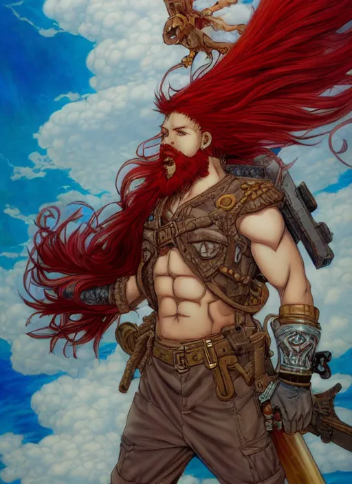 Image similar to prompt : ragnarok online portrait soft light painted by james jean and katsuhiro otomo and erik jones, inspired by akira anime, epic fantasy, a long red haired, red bearded male sky - pirate standing in front of an airship, intricate oil painting, high detail illustration, sharp high detail, manga and anime 1 9 9 9
