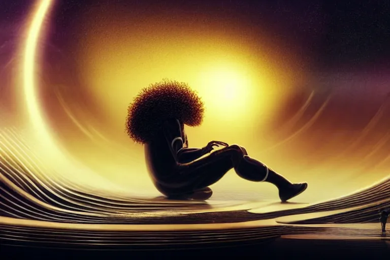 Prompt: a black man with long curly hair playing the piano in front of a black hole horizon, time collapsing. dramatic, neofuturistic highly detailed, digital concept album cover art, Dimensional cyan gold natural light, sharp focus, Golden Ratio illustration, realistic concept art by Stephen Hickman and James Gurney and Hiromasa Ogura Ghost in the Shell rendered in Octane Render, From the distance