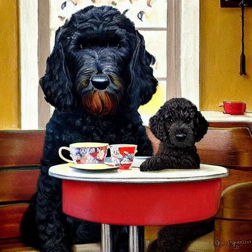 Image similar to Black Goldendoodle with a bright face and a puppy sitting at a diner drinking a cup of coffee, looking melancholy, Norman Rockwell style