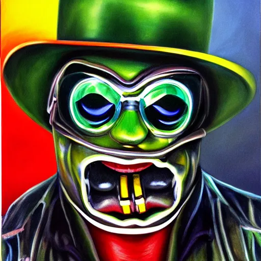 Image similar to beautiful lifelike painting of mf doom rhinestone cowboy, hyperreal detailed facial features and uv lighting, art by ed roth and basil wolverton