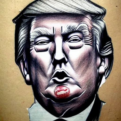 Prompt: intricate drawings of Donald Trump in charcoal and blood on a parchment made from thin leather. the parchment is 2000 years old. by Agnes Cecil. .