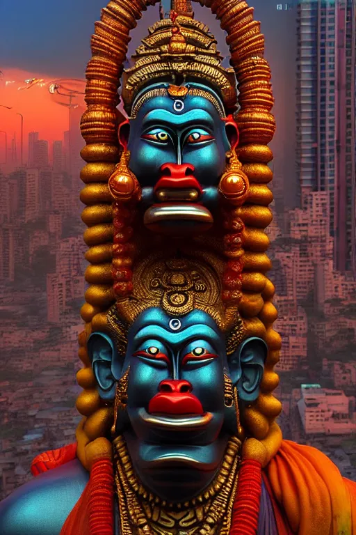 Image similar to high quality 3 d cyberpunk biomorphic hanuman! head building in the middle of mumbai!!, kalighat highly detailed, cinematic smooth, stephen shore & john j. park, soft morning light, wide shot, high angle, uhd 8 k, sharp focus