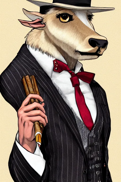 Image similar to beautiful portrait commission of a male furry anthro mountain goat wearing a pinstripe suit and waistcoat and smoking a cigar, award-winning, detailed, trending on artstation