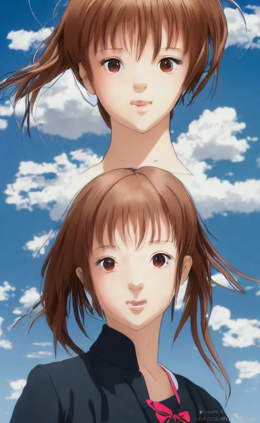 Image similar to portrait of a girl, anime style, clouds and blue sky in background, cute clothing, hair clips, short hair, hair down, symmetrical facial features, from evangelion, hyper realistic, 4 k, rule of thirds, extreme detail, detailed drawing, trending artstation, hd,, realistic lighting, by alphonse mucha, greg rutkowski