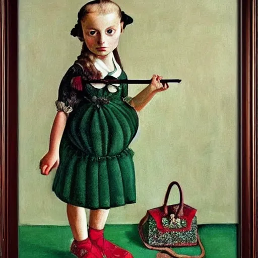 Image similar to little girl wearing an gucci's outfit. art made by artgem, inspired by balthus, highly detailed, realistic,