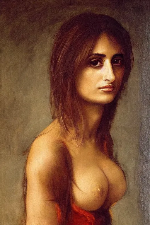 Image similar to oil painting, portrait of penelope cruz, artwork by leonardo da vinci